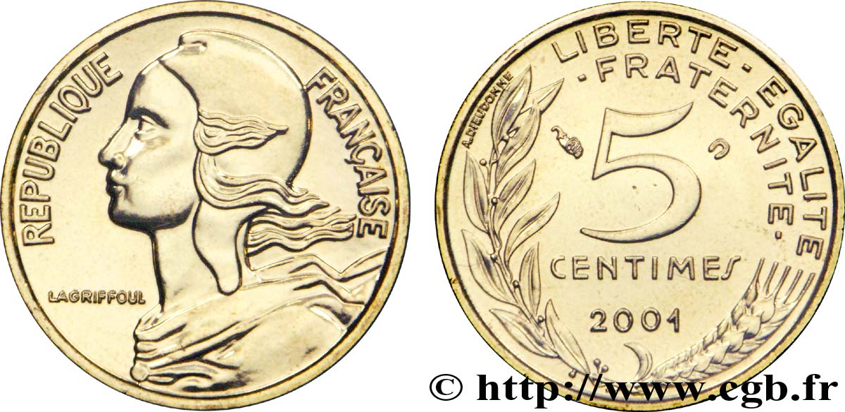 5 centimes Marianne, BU (Brillant Universel) 2001 Pessac F.125/45 FDC 