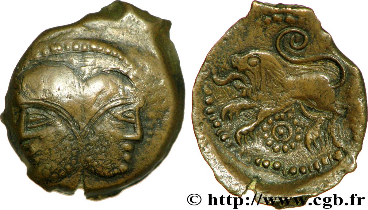 GALLIEN - BELGICA - SUESSIONES (Region die Soissons) Bronze à la tête janiforme barbue, classe I SS