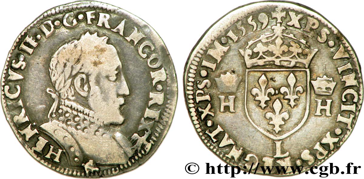 FRANÇOIS II. MONNAYAGE AU NOM D HENRI II Demi-teston au buste lauré, 2e type 1559 Bayonne TB+/TTB