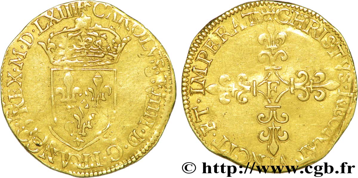 CHARLES IX Écu d or au soleil, 1er type 1564 Angers VF