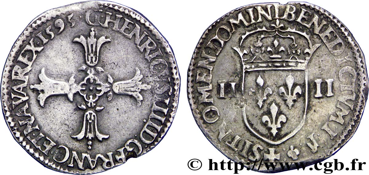 HENRY IV Quart d écu, croix feuillue de face 1595 Lyon XF