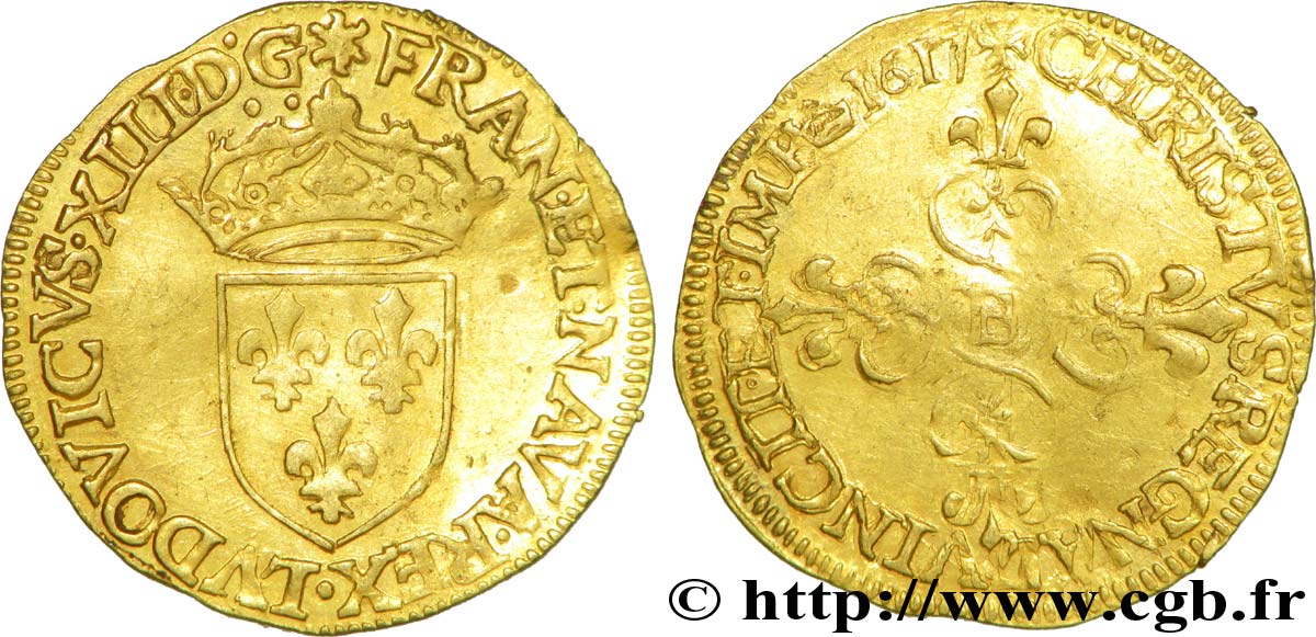 LOUIS XIII  Écu d or au soleil, à la croix anillée fleurdelisée 1617 Rouen AU/XF