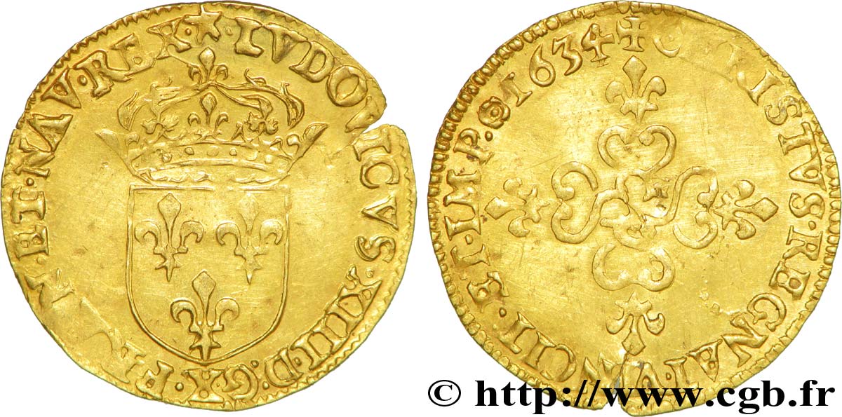 LOUIS XIII LE JUSTE Écu d or au soleil, à la croix anillée fleurdelisée 1634 Amiens TTB+