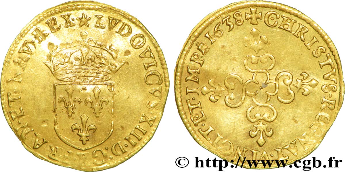 LOUIS XIII  Écu d or au soleil, à la croix anillée fleurdelisée 1638 Amiens AU/AU