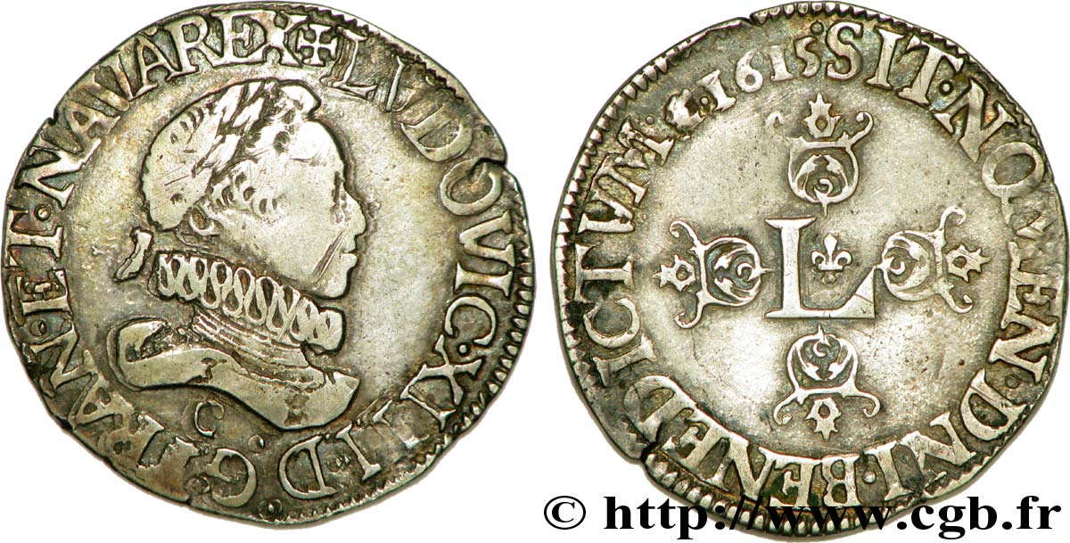 LOUIS XIII LE JUSTE Demi-franc au grand buste lauré et au col fraisé 1615 Saint-Lô TTB