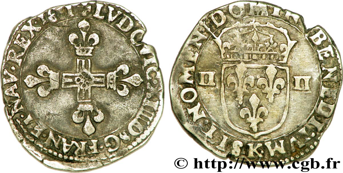LOUIS XIII  Quart d écu, à la croix fleurdelisée, titulature côté croix 1611 Bordeaux q.BB