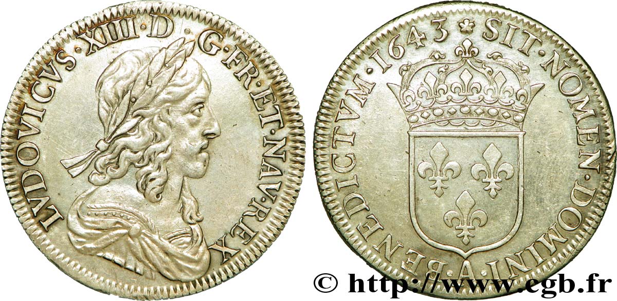 LOUIS XIII LE JUSTE Demi-écu, buste drapé et cuirassé (2e buste de Jean Warin) 1643 Paris, Monnaie de Matignon TTB+/SUP