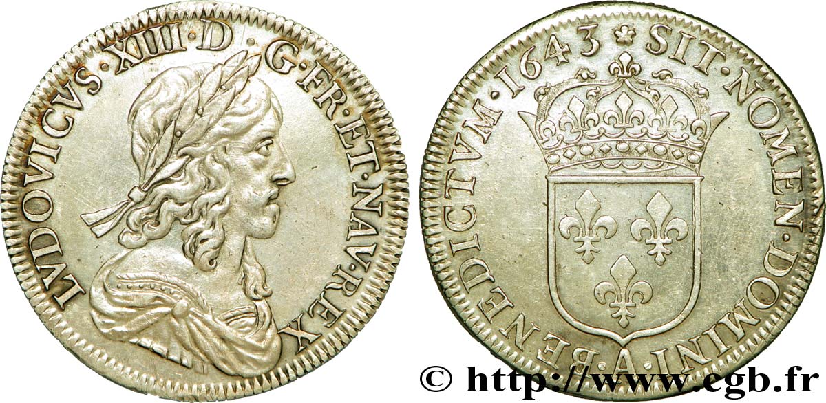 LOUIS XIII Demi-écu, buste drapé et cuirassé (2e buste de Jean Warin) 1643 Paris, Monnaie de Matignon AU/AU