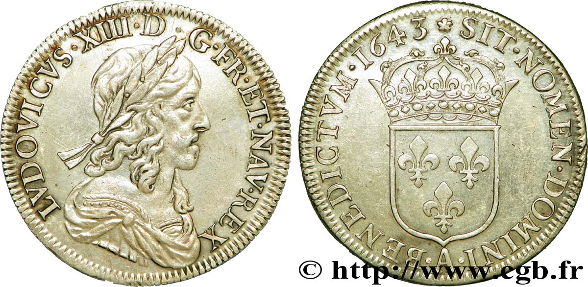 LOUIS XIII  Demi-écu, buste drapé et cuirassé (2e buste de Jean Warin) 1643 Paris, Monnaie de Matignon AU/AU