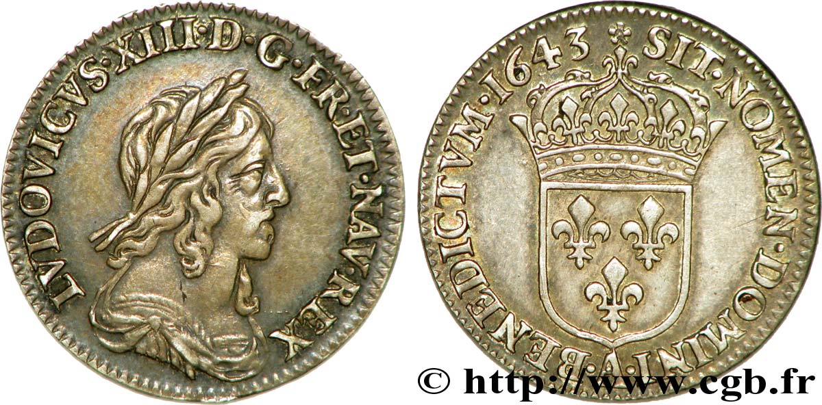 LOUIS XIII LE JUSTE Douzième d écu, 3e type, 2e poinçon de Warin 1643 Paris, Monnaie de Matignon TTB+/SUP