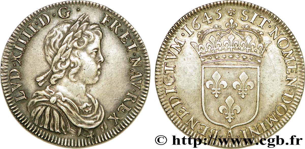 LOUIS XIV &nbsp;THE SUN KING&nbsp; Demi-écu à la mèche courte 1645 Paris, Monnaie de Matignon MS