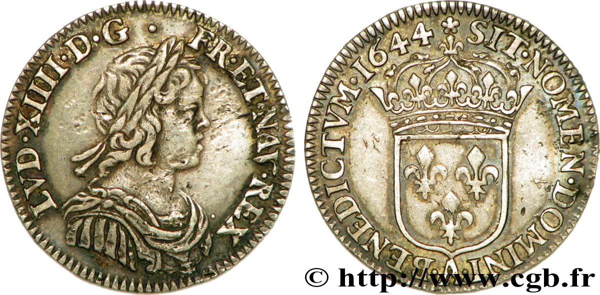 LOUIS XIV LE GRAND OU LE ROI SOLEIL Douzième d écu à la mèche courte 1644 Paris, Monnaie de Matignon TTB+