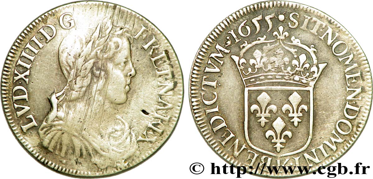 LOUIS XIV LE GRAND OU LE ROI SOLEIL Demi-écu à la mèche longue 1655 Bordeaux TB+