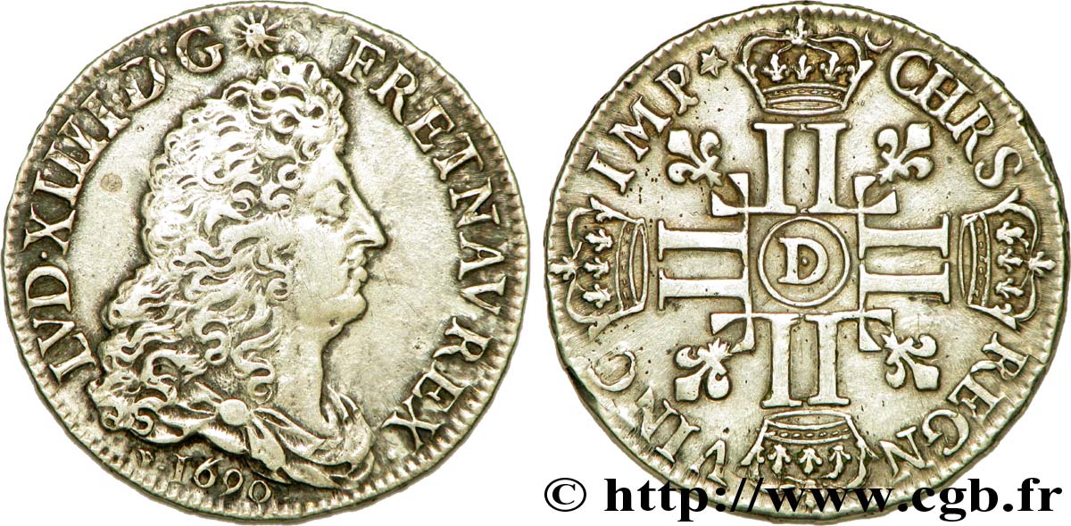 LOUIS XIV  THE SUN KING  Demi-écu aux huit L, 1er type 1690 Lyon BB