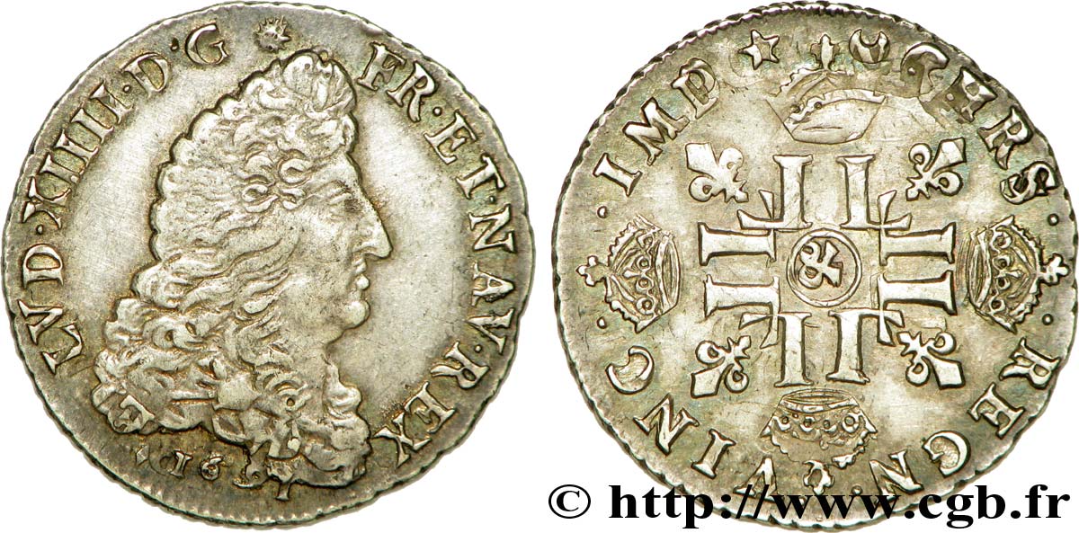 LOUIS XIV  THE SUN KING  Quart d écu aux huit L, 1er type 1691 Aix-en-Provence AU