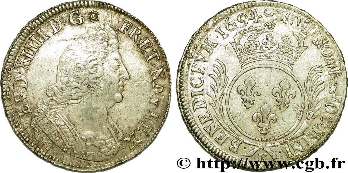 LOUIS XIV LE GRAND OU LE ROI SOLEIL Écu aux palmes 1694 Bordeaux TTB+