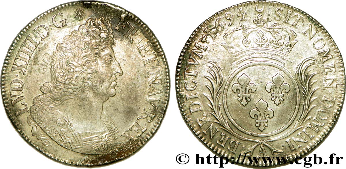 LOUIS XIV LE GRAND OU LE ROI SOLEIL Écu aux palmes 1694 Paris TTB/TTB+