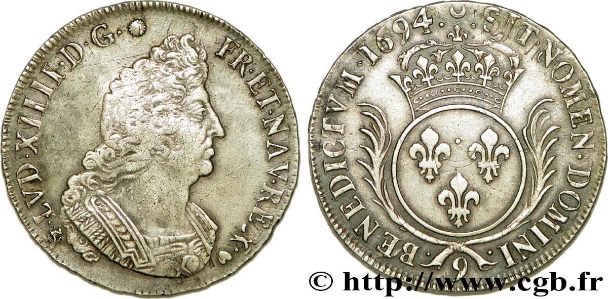 LOUIS XIV LE GRAND OU LE ROI SOLEIL Écu aux palmes 1694 Rennes TTB/TTB+