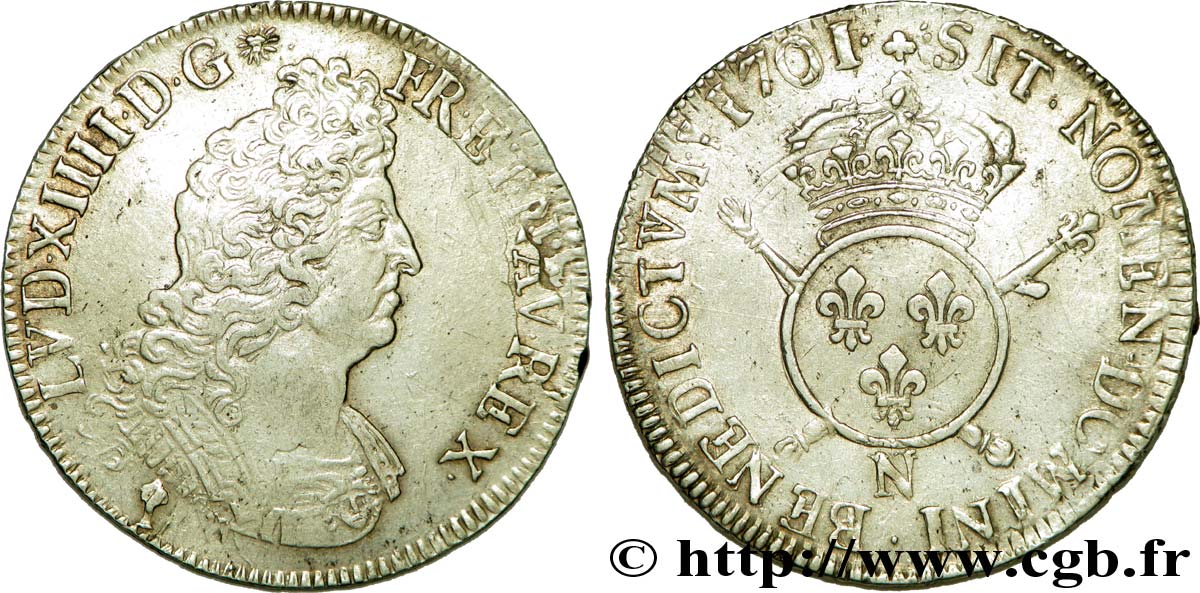 LOUIS XIV &nbsp;THE SUN KING&nbsp; Écu aux insignes 1701 Montpellier XF