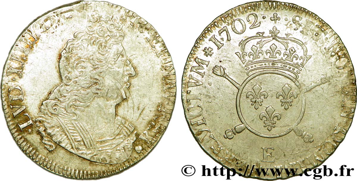 LOUIS XIV LE GRAND OU LE ROI SOLEIL Demi-écu aux insignes 1702 Tours TTB/TTB+