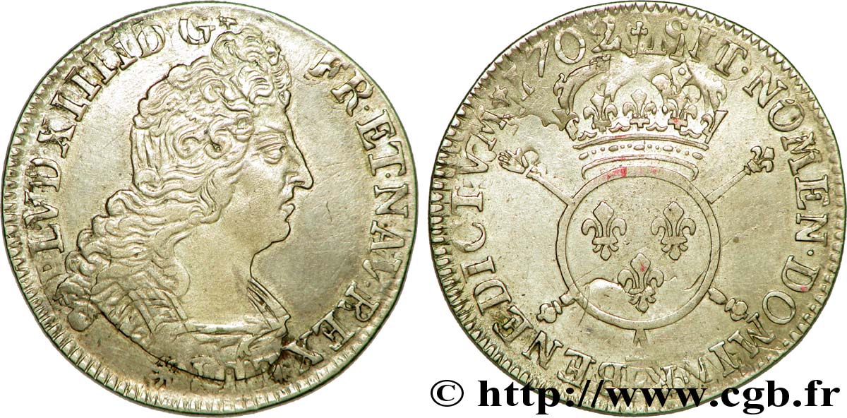 LOUIS XIV LE GRAND OU LE ROI SOLEIL Quart d écu aux insignes 1702 Paris TTB+/TTB