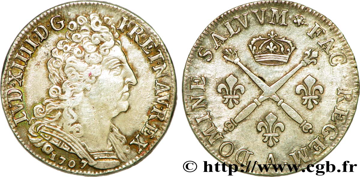 LOUIS XIV LE GRAND OU LE ROI SOLEIL Vingt sols aux insignes 1707 Paris TTB+/TTB