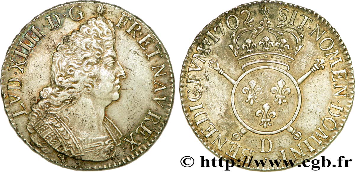 LOUIS XIV LE GRAND OU LE ROI SOLEIL Écu aux insignes au buste du type aux palmes 1702 Lyon TTB+