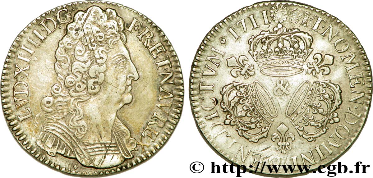LOUIS XIV  THE SUN KING  Demi-écu aux trois couronnes 1711 Aix-en-Provence XF