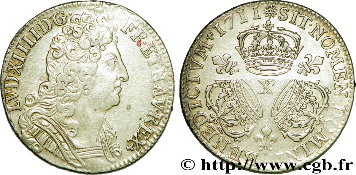 LOUIS XIV LE GRAND OU LE ROI SOLEIL Quart d écu aux trois couronnes 1711 Amiens TTB/TTB+