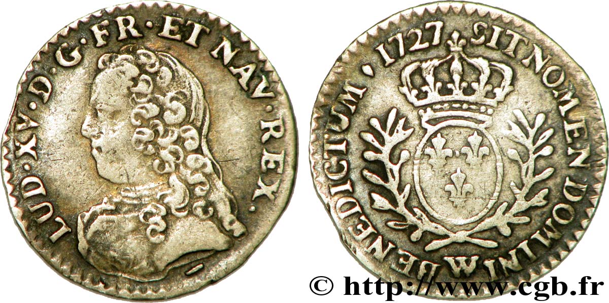 LOUIS XV THE BELOVED Vingtième d’écu aux branches d’olivier, buste habillé 1727 Lille XF/VF