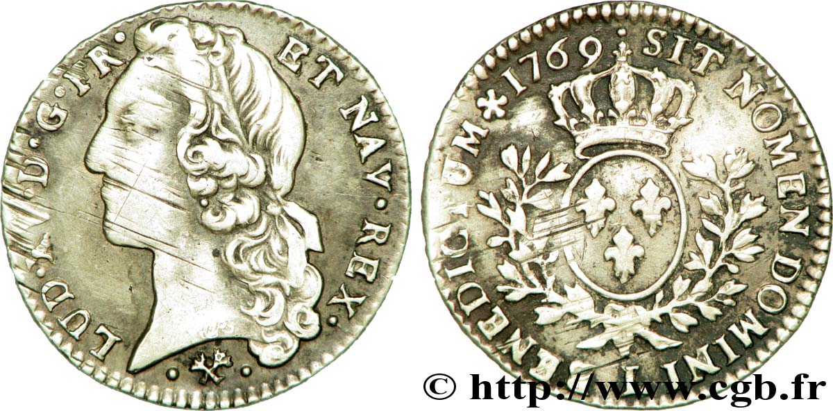 LOUIS XV DIT LE BIEN AIMÉ Cinquième d’écu aux branches d’olivier, tête ceinte d’un bandeau 1769 Bayonne TB+