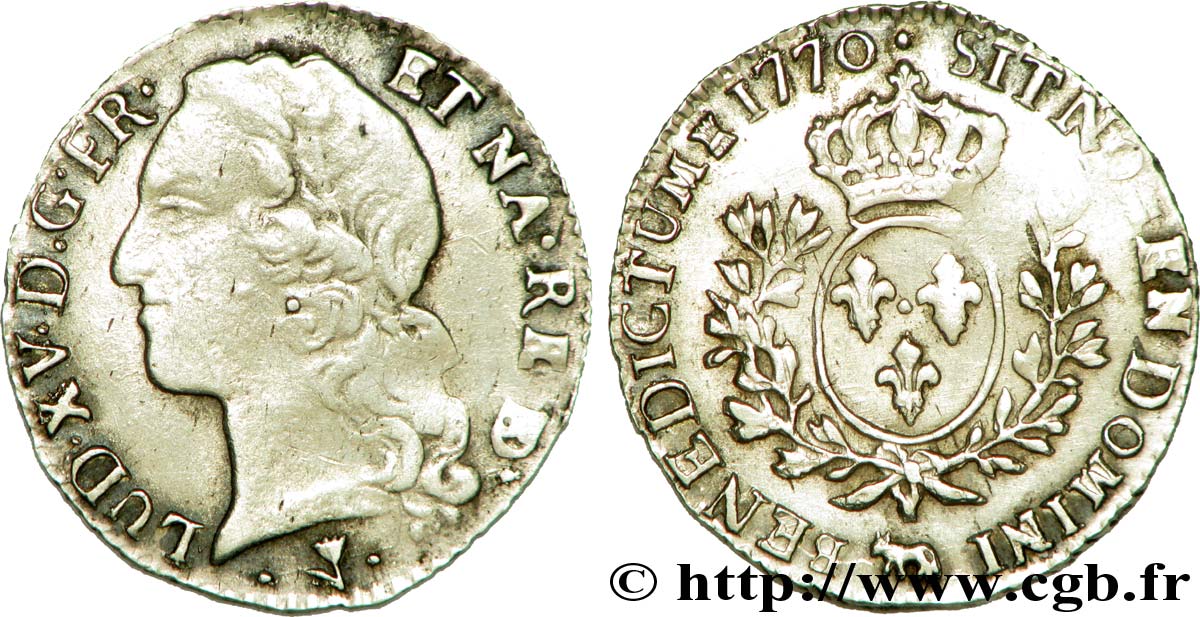 LOUIS XV  THE WELL-BELOVED  Dixième d écu aux branches d’olivier, tête ceinte d’un bandeau 1770 Pau BB/q.SPL