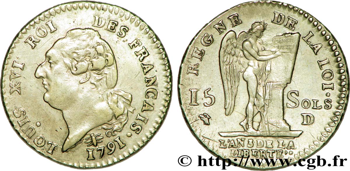 LOUIS XVI (MONARQUE CONSTITUTIONNEL)  15 sols dit &nbsp;au génie&nbsp;, type FRANCAIS 1791 Lyon TTB+