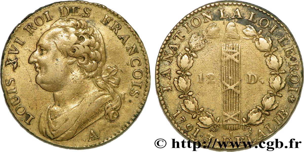 LOUIS XVI 12 deniers dit  au faisceau , type FRANÇOIS 1791 Paris, Monnaie du Louvre MBC