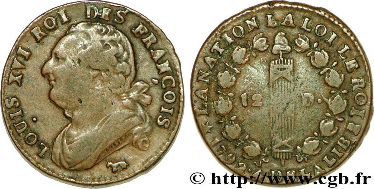 LOUIS XVI (MONARQUE CONSTITUTIONNEL)  12 deniers dit &nbsp;au faisceau&nbsp;, type FRANÇOIS 1792 Pau TB