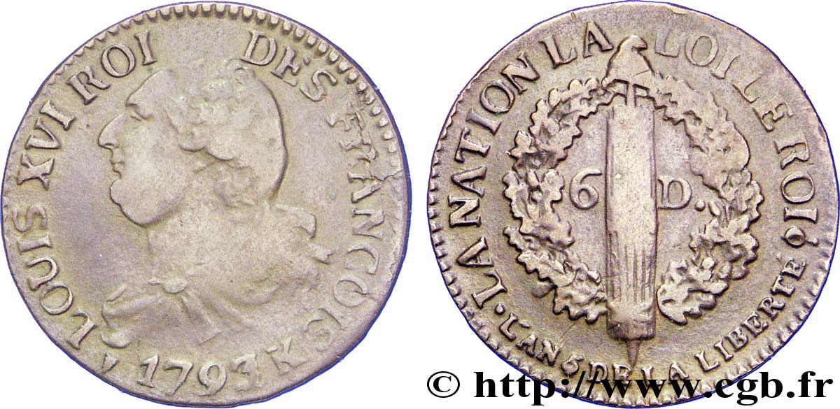 CONVENCION NACIONAL 6 deniers dit  au faisceau , type FRANÇOIS 1793 Bordeaux BC+/MBC