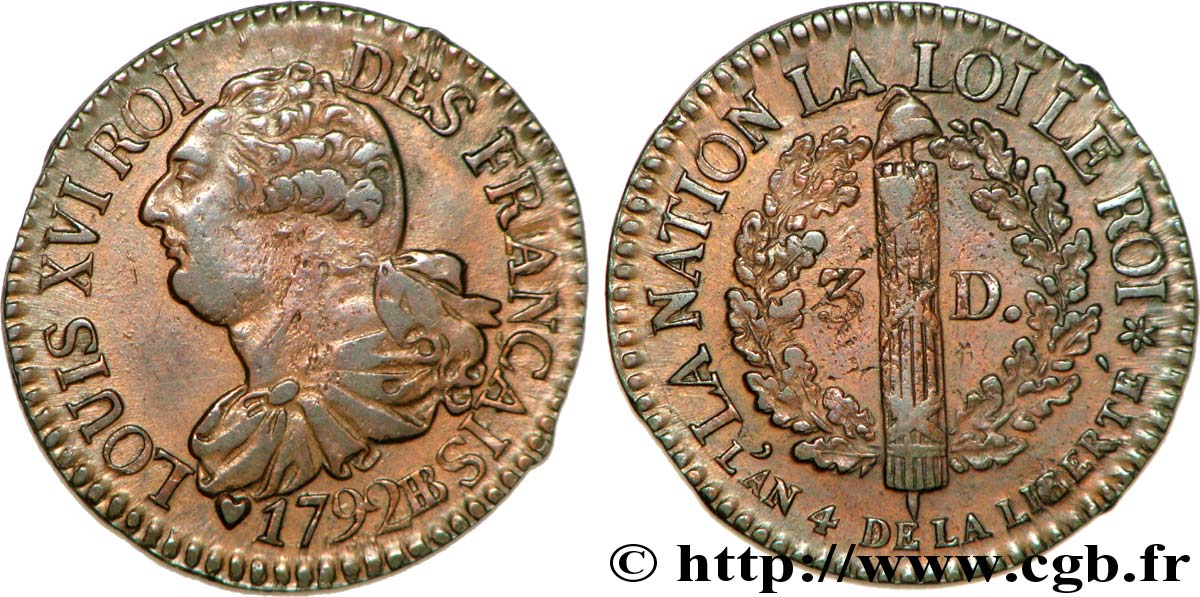 LOUIS XVI 3 deniers dit  au faisceau , type FRANÇAIS 1792 Strasbourg AU/AU