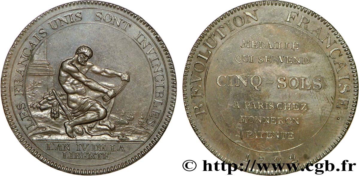 REVOLUTION COINAGE Monneron de 5 sols à l Hercule, frappe monnaie 1792 Birmingham, Soho VZ