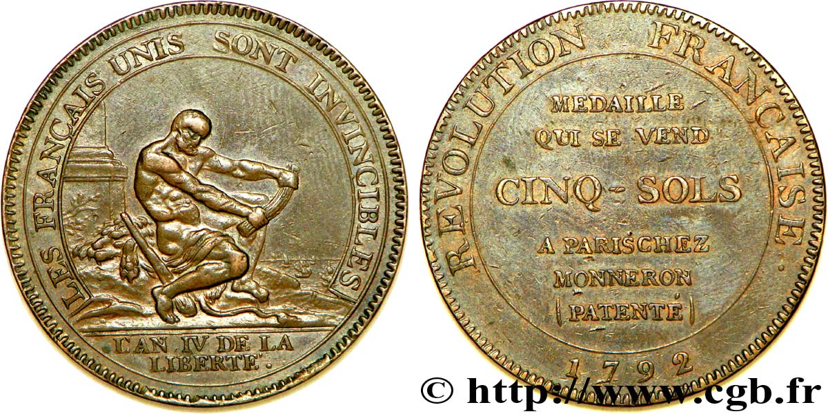 CONFIANCE (MONNAIES DE...) Monneron de 5 sols à l Hercule, frappe monnaie 1792 Birmingham, Soho TTB