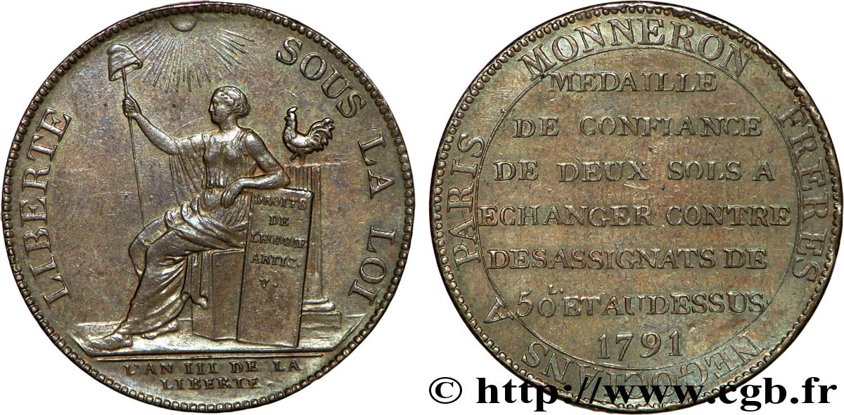 REVOLUTION COINAGE Monneron de 2 sols à la Liberté 1791 Birmingham, Soho EBC