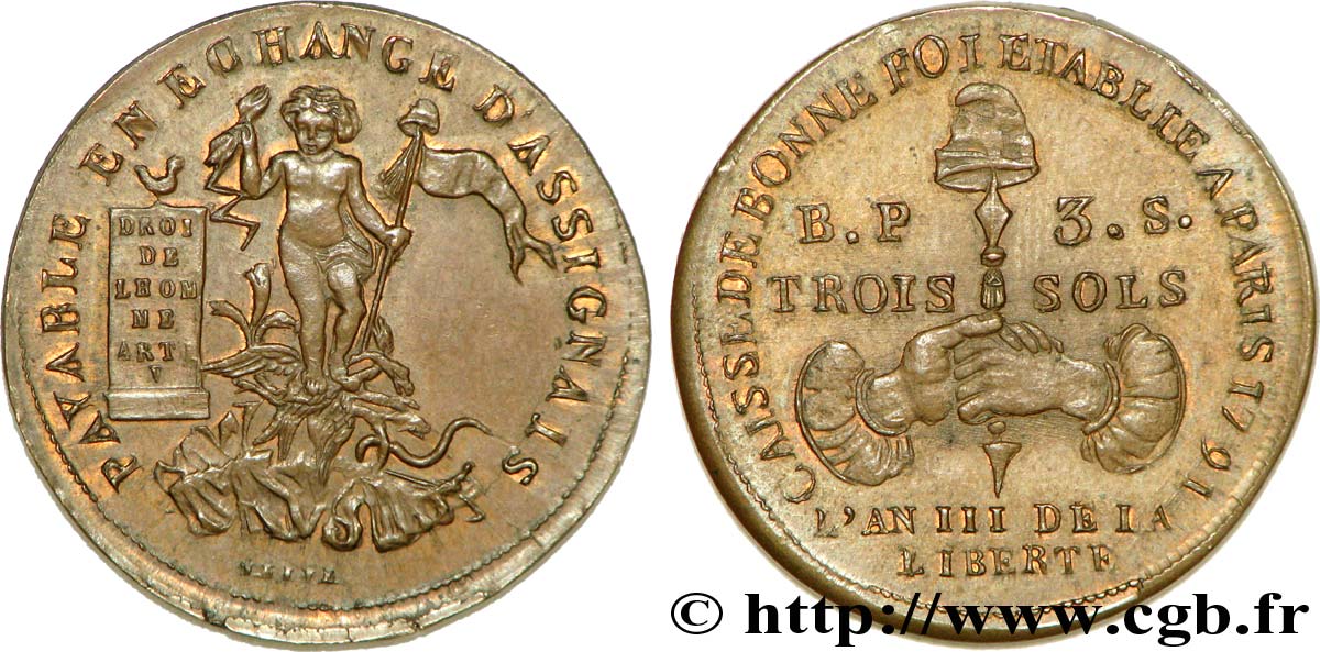 REVOLUTION COINAGE 3 sols gravé par Thévenon 1791  MS/XF