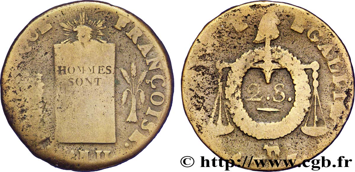 CONVENZIONE NAZIONALE 2 sols dit &nbsp;à la table de loi&nbsp; 1793 Pau VG