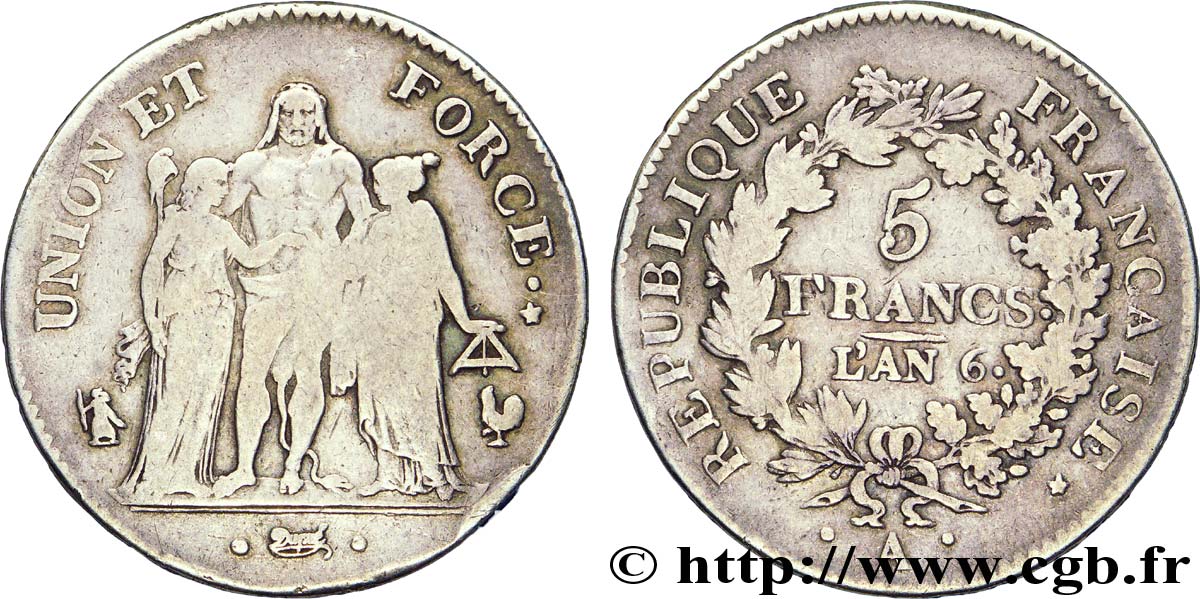 5 francs Union et Force, Union serré, gland intérieur haut, gland extérieur, petite feuille 1798 Paris F.288/33 S 