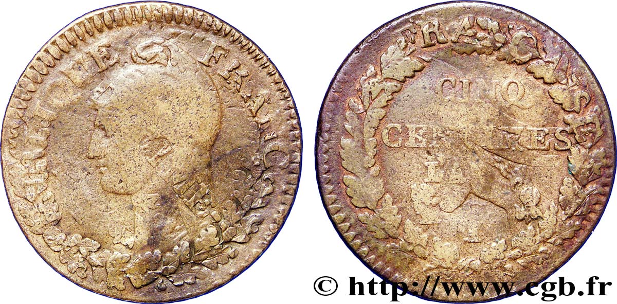 Cinq centimes Dupré, grand module,  refrappage  du décime 1797 Limoges F.114/8 S 