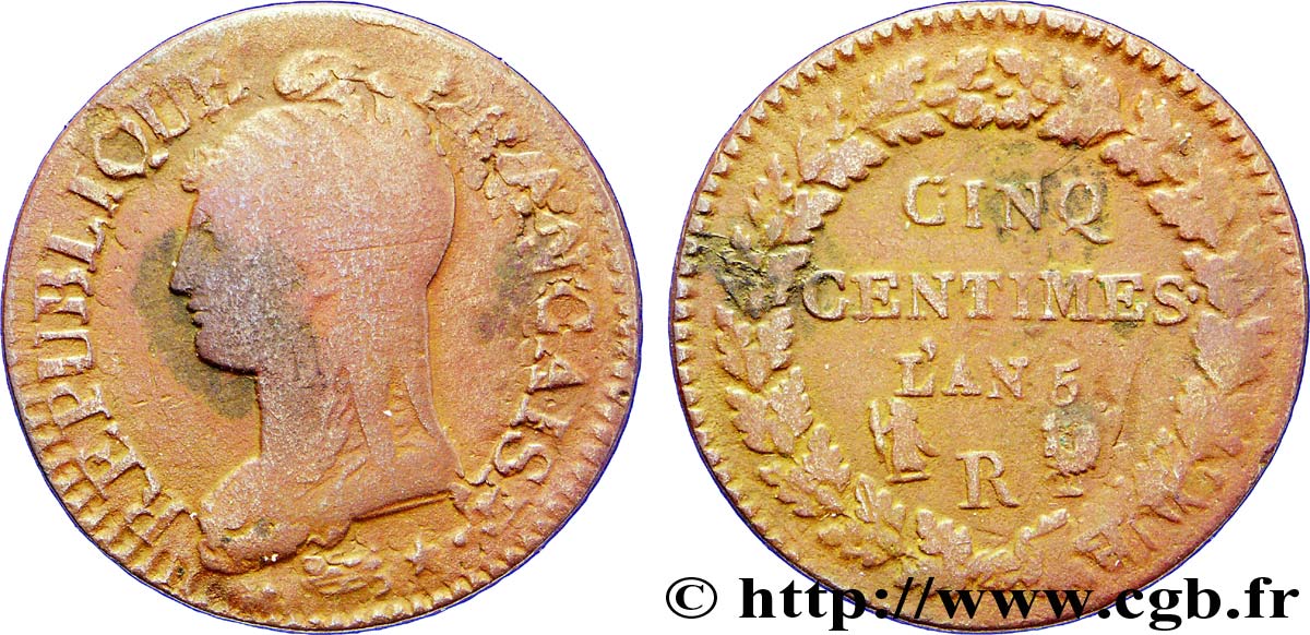Cinq centimes Dupré, grand module,  refrappage  du décime 1797 Orléans F.114/10 VF 