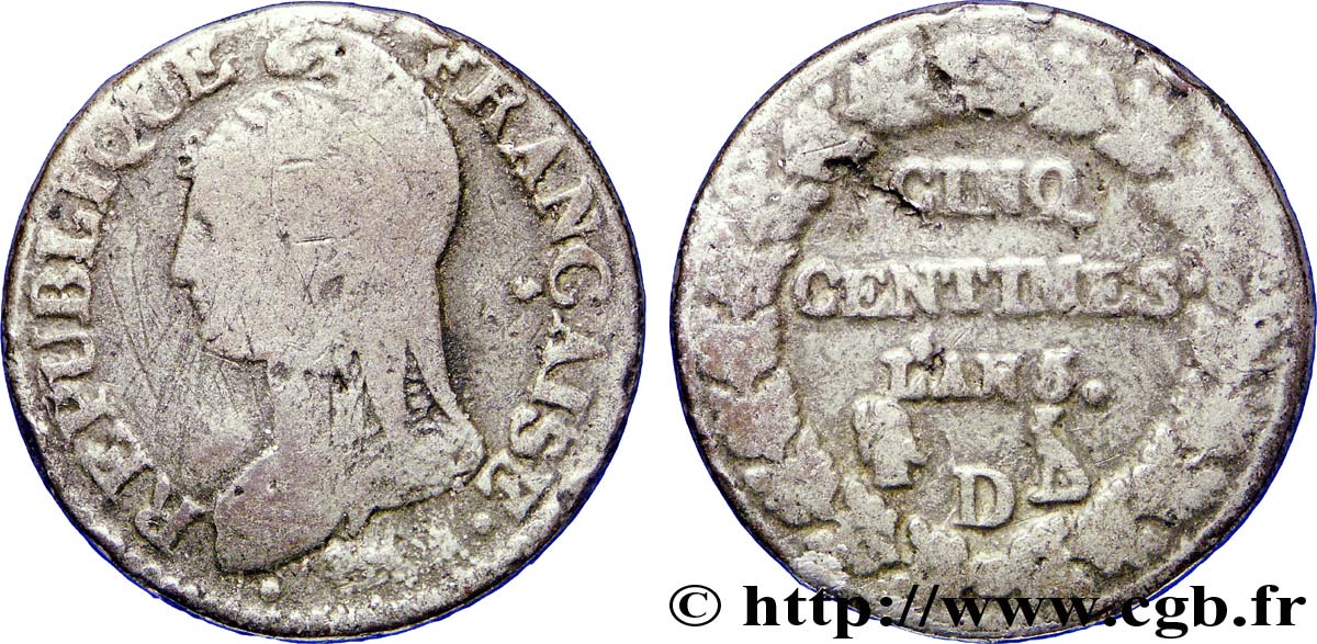 Cinq centimes Dupré, grand module, métal de cloche 1797 Lyon F.115/9 TB 