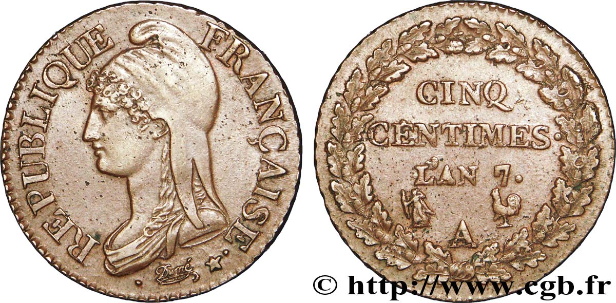 Cinq centimes Dupré, grand module 1799 Paris F.115/44 TTB 