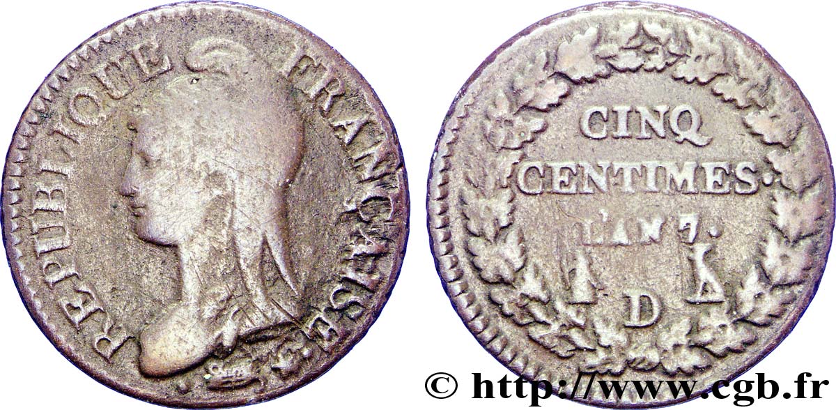 Cinq centimes Dupré, grand module 1799 Lyon F.115/69 TB 