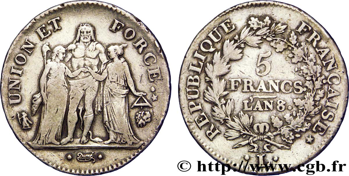 5 francs Union et Force, Union desserré, avec glands intérieurs et gland extérieur 1800 Bayonne F.291/40 TB 