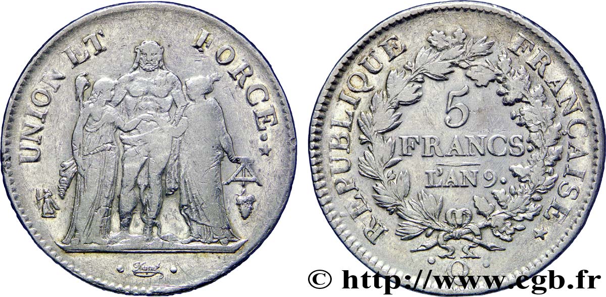 5 francs Union et Force, Union serré, avec glands intérieurs et gland extérieur 1801 Perpignan F./ VF 